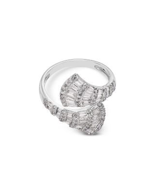 Baguette & Round Diamond Crossover Fan Ring in 14K White Gold, 1.50 tcw