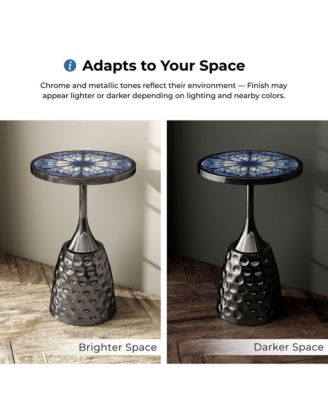 Knoll 16" Iron Round End Table with Geometric Pattern Top and Hammered Base