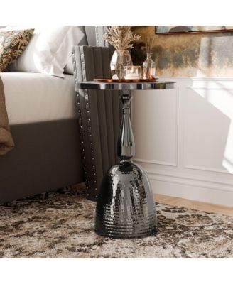 Knoll 16" Iron Round End Table with Marble-Pattern Top and Hammered Base