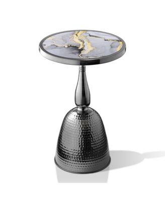 Knoll 16" Iron Round End Table with Marble-Pattern Top and Hammered Base