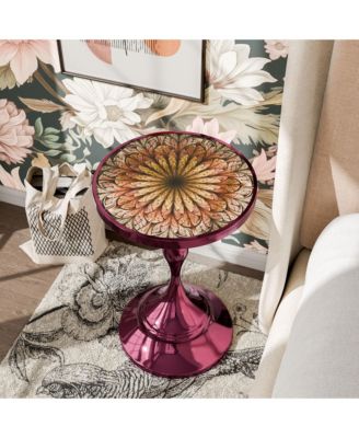 Knoll 16" Iron Round End Table with Geometric Pattern Top and Trumpet Base