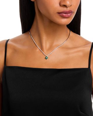 Emerald & Diamond Clover Tennis Necklace in 14K White Gold, 16"