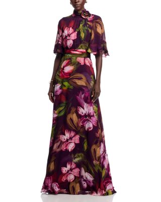 Floral Flutter Sleeve Mock Neck Gown 