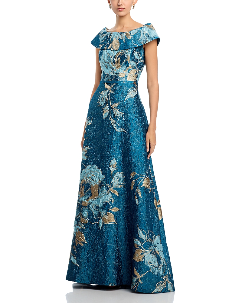 Teri Jon By Rickie Freeman Off-the-Shoulder Metallic Floral Jacquard Gown