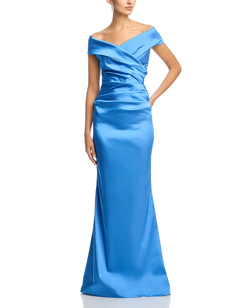 Teri Jon by Rickie Freeman Satin Stretch Off The Shoulder Gown