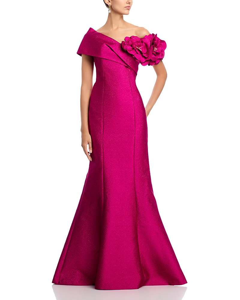 Teri Jon By Rickie Freeman Pebble Jacquard 3d Flower Gown In Purple