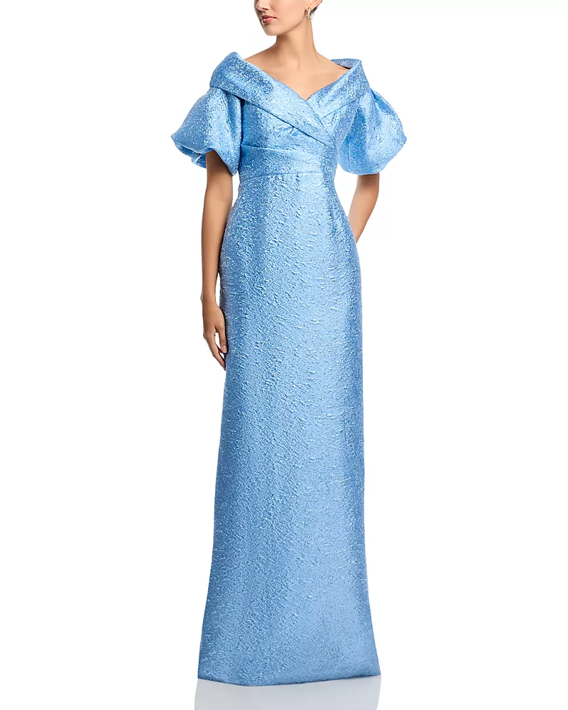 Teri Jon by Rickie Freeman Metallic Jacquard Puff Sleeve Gown