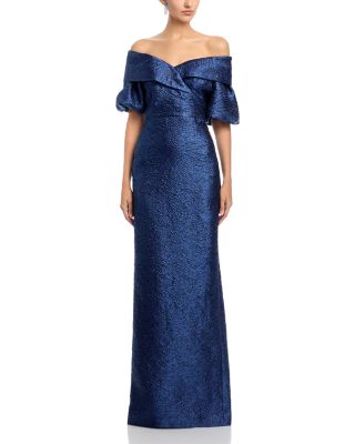 Metallic Jacquard Puff Sleeve Gown