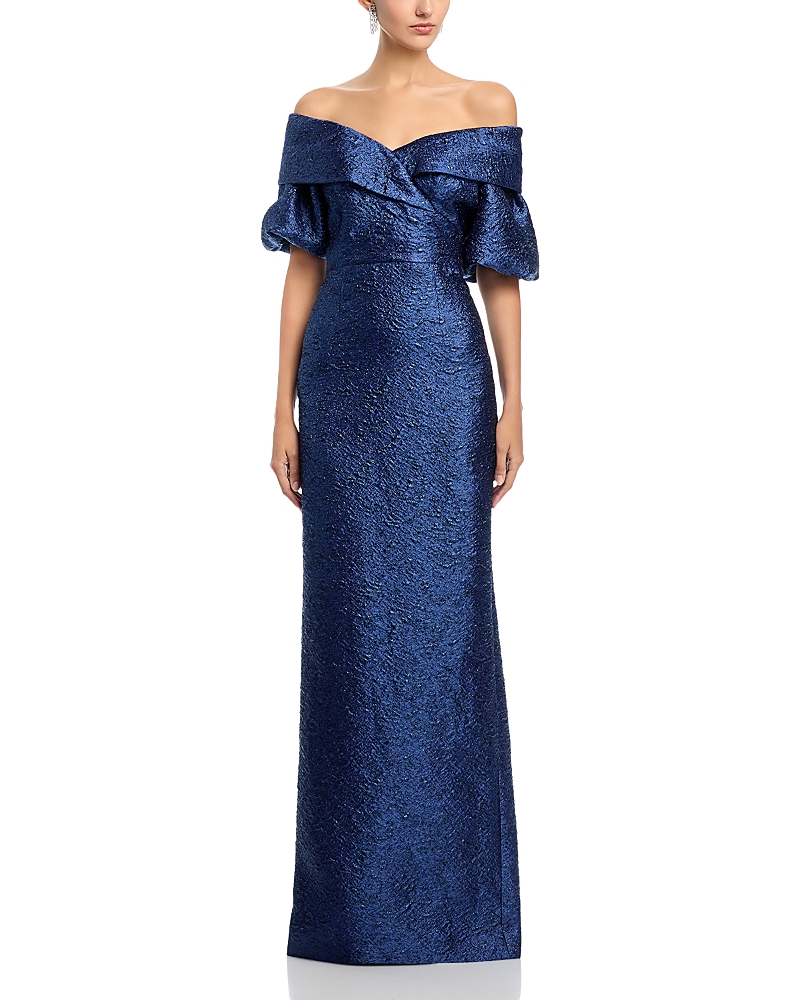 Teri Jon by Rickie Freeman Metallic Jacquard Puff Sleeve Gown