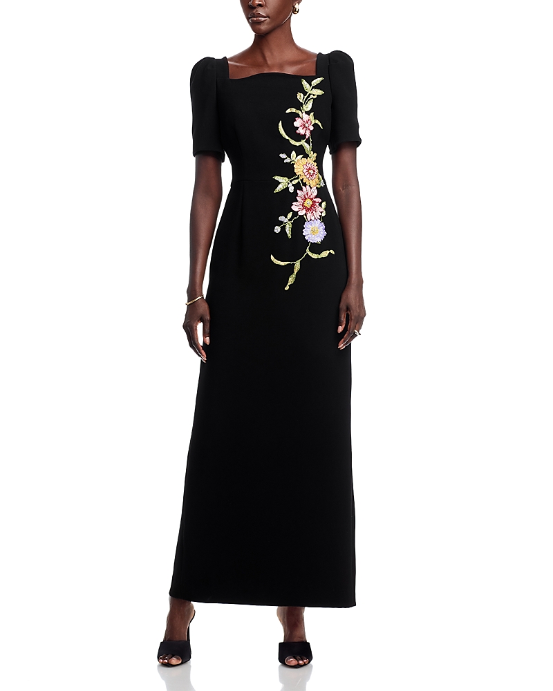 Teri Jon By Rickie Freeman Floral Applique Crepe Gown