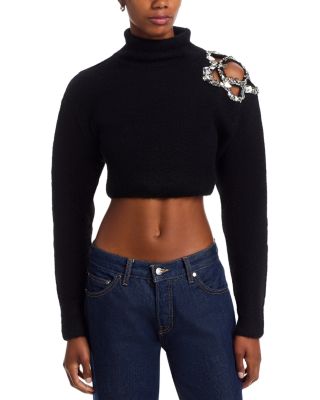 Crystal Turtleneck Cluster Flower Cropped Sweater
