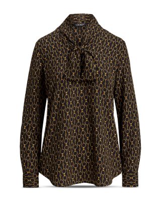 Chain Print Crepe Tie Neck Blouse