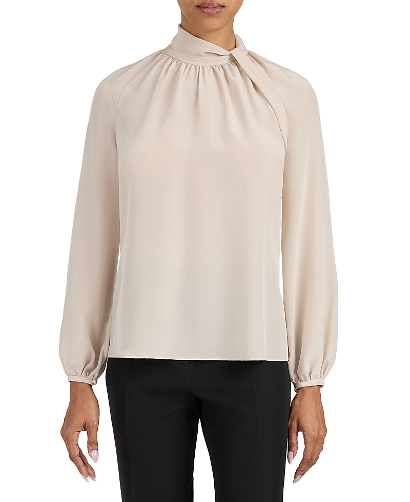 Santorelli Dakota Silk Mock Neck Blouse With Long Lantern Sleeves In Brown