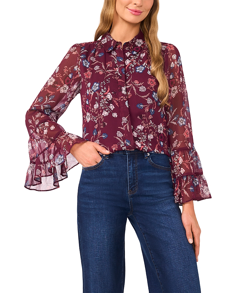 Cece Ruffle Cuff Button Down Blouse In Purple