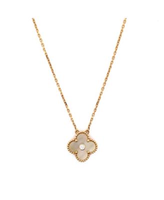 Vintage Alhambra Pendant Necklace 18K Gold and Gold Mother of Pearl with Diamond, 14.5 - 16.25"