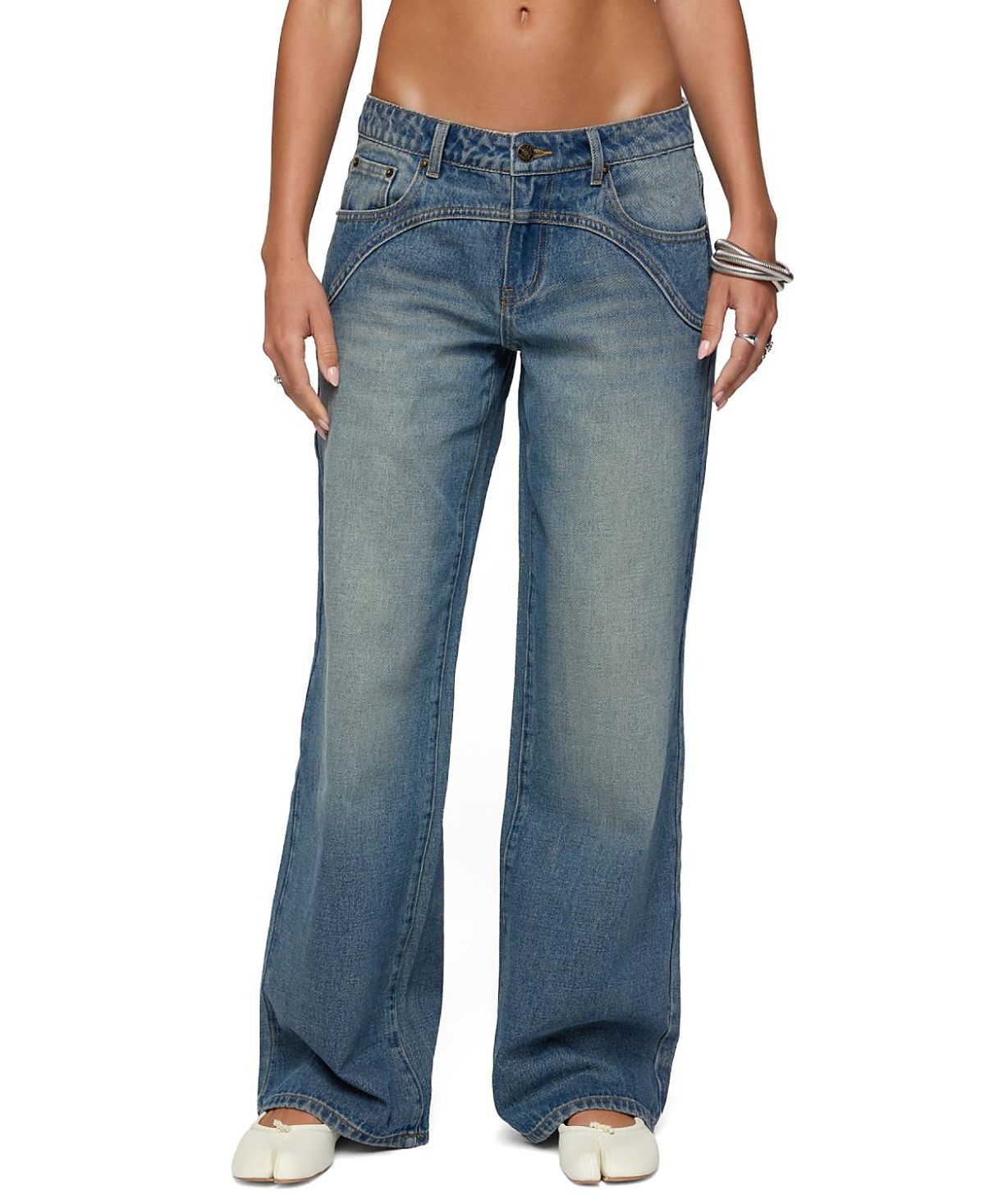 Edikted Ronny Curved Stitch Low Rise Blue-Washed Jeans