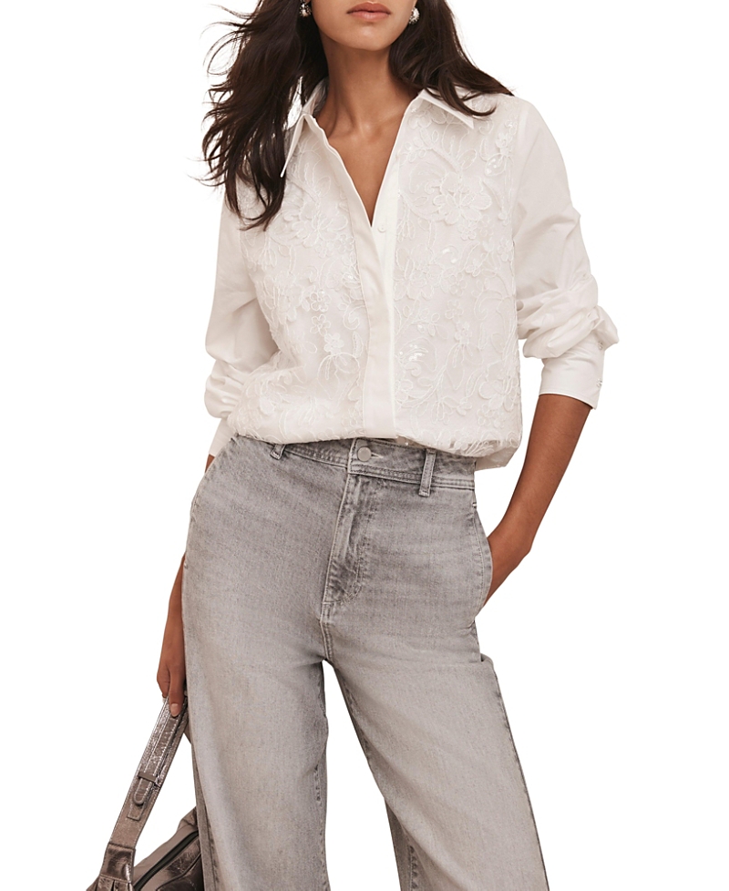 Mint Velvet Women's Sequin Lace Cotton Shirt In White