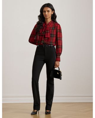 Checked Plaid Georgette Tie Neck Blouse