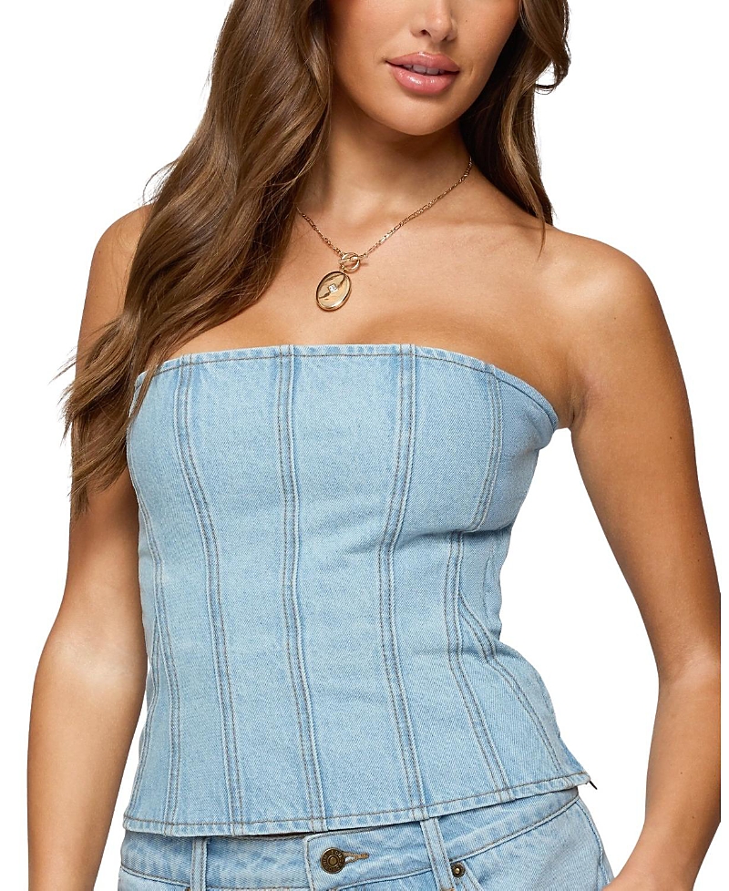 Edikted Camelia Strapless Denim Corset In Blue