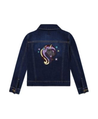 Girls' Stretch Denim Jacket with Glittery Hearts and Unicorn - Big Kid
