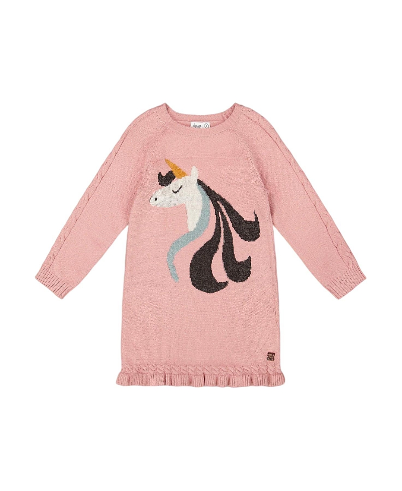 Deux Par Deux Knitted Dress With Unicorn Intarsia In Pink