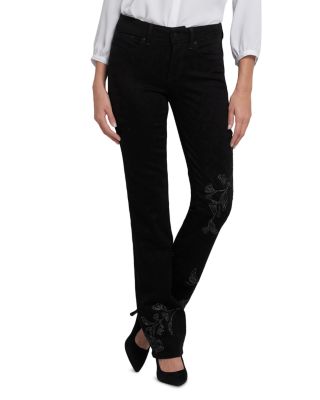 Marilyn Embroidered High Rise Straight Jeans in Black Rinse