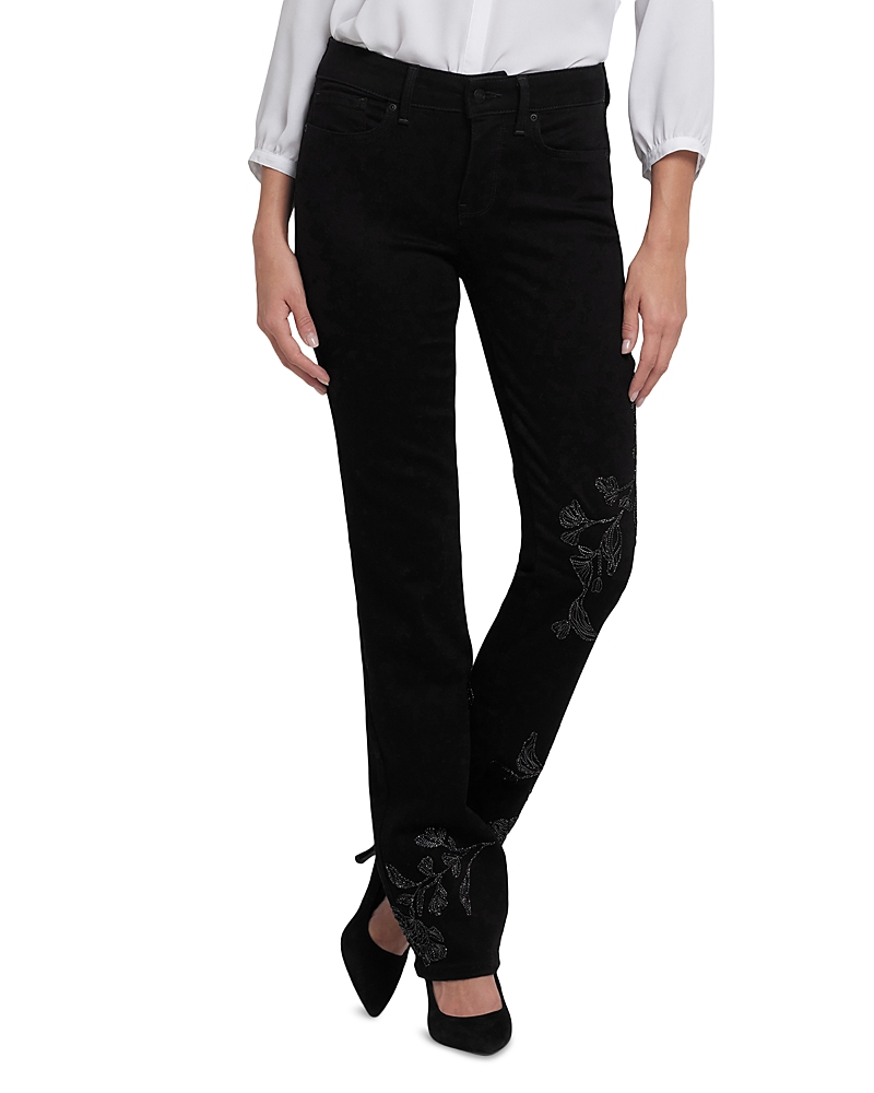 Nydj Marilyn Embroidered High Rise Straight Jeans In Black Rinse In Black
