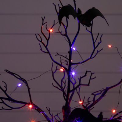 3' Pre-Lit Artificial Halloween Black Spooky Twig Tree with Bats and 100 Orange & Purple LED Lights