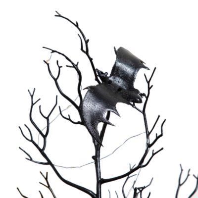 4' Pre-Lit Artificial Halloween Black Spooky Twig Tree with Bats and 120 Orange & Purple LED Lights