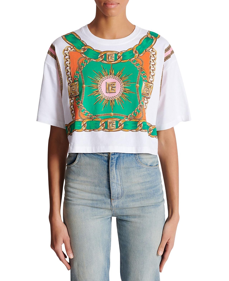 Balmain Cropped T-Shirt with Balmain Foulard Print