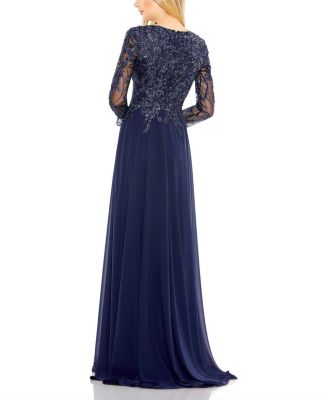  Embroidered Illusion Long Sleeve V-Neck Gown