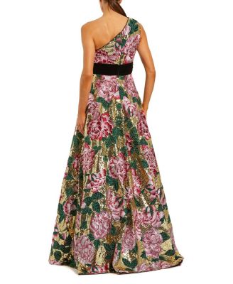 One Shoulder Sequin Ballgown with Velvet Bow