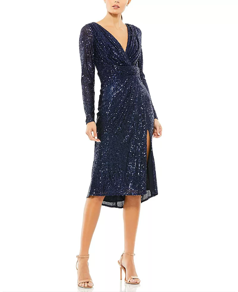 Mac Duggal Sequined Long Sleeve Midi Dress