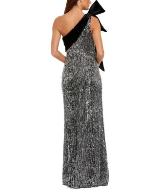 One Shoulder Embellished Sequin Gown with Bow