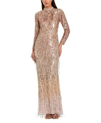 Mock Neck Long Sleeve Sequin & Fringe Column Gown