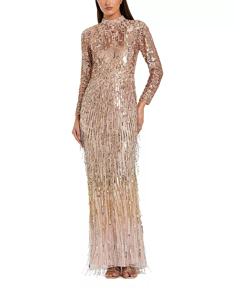 Mac Duggal Mock Neck Long Sleeve Sequin & Fringe Column Gown