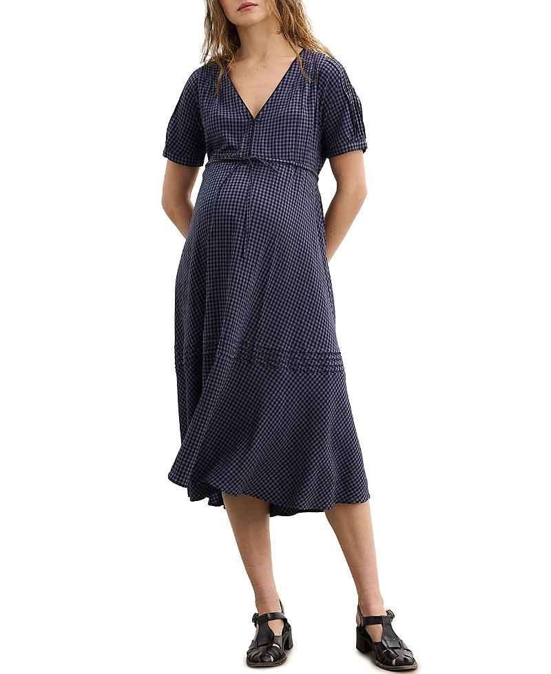 Hatch Collection The V-neck Gingham Seersucker Maternity Dress In Blue