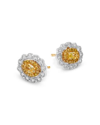 White & Yellow Diamond Halo Stud Earrings in 14K White & Yellow Gold, 1.66 tcw
