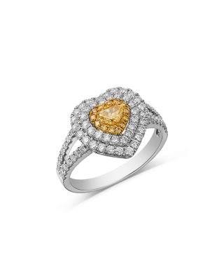 White & Yellow Diamond Heart & Round Halo Ring in 14K Yellow & White Gold, 1.1 tcw