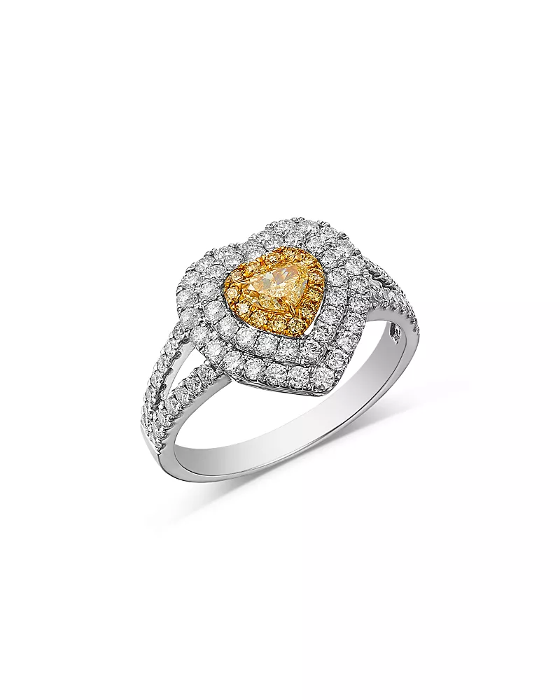 Bloomingdale's Fine Collection White & Yellow Diamond Heart & Round Halo Ring in 14K Yellow & White Gold, 1.1 tcw