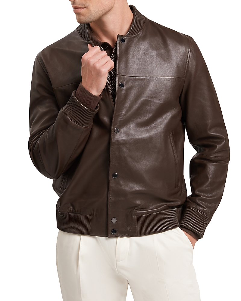 Ted Baker Leeams Leather Classic Bomber Jacket In Brown