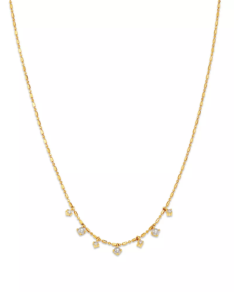 Zoe Chicco 14K Yellow Gold Cultured Freshwater Pearl & Diamond Tube Bar Dangle Necklace, 16
