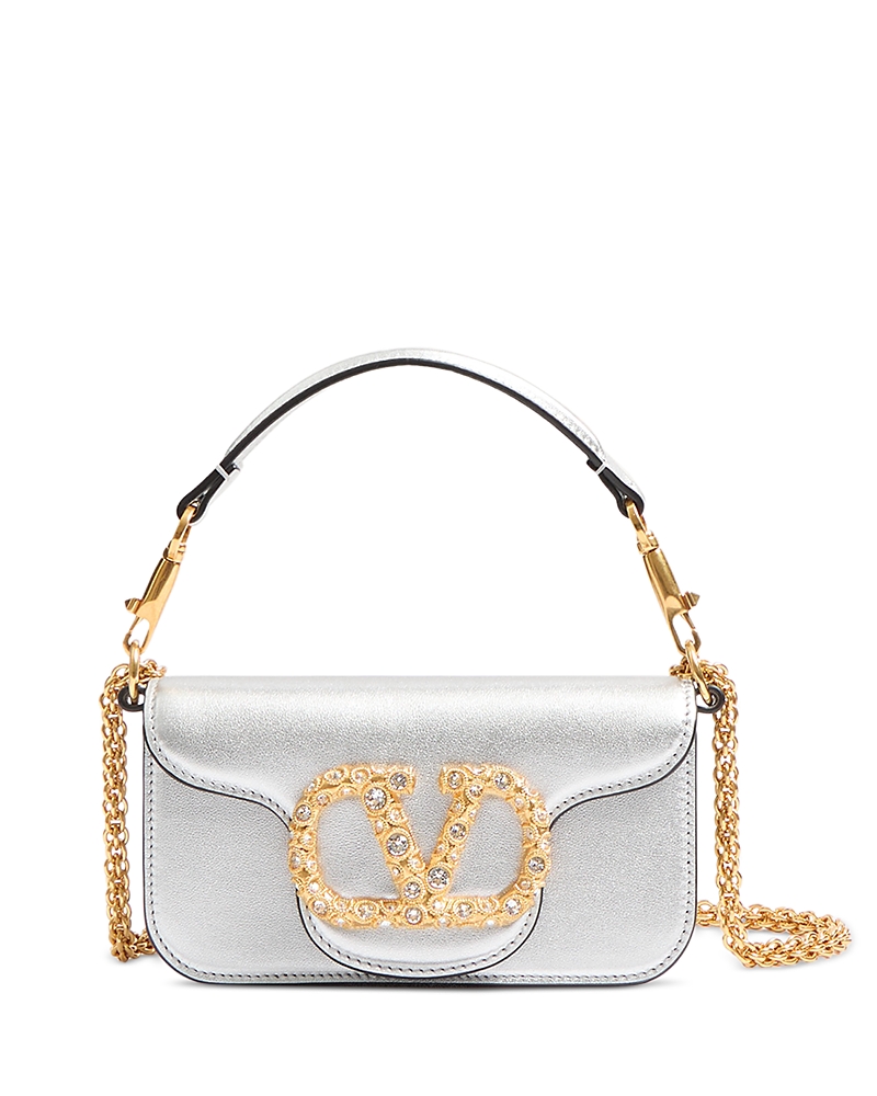 Valentino Garavani Loco Small Metallic Leather Crossbody Bag In Silver Crystal