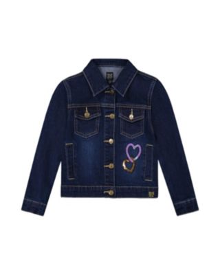 Girls' Stretch Denim Jacket with Glittery Hearts and Unicorn - Little Kid