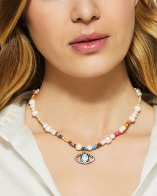 Boho Evil Eye Mixed Bead Pendant Necklace, 16"-18"