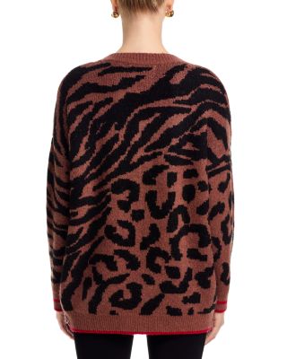 V Neck Animal Print Jacquard Sweater