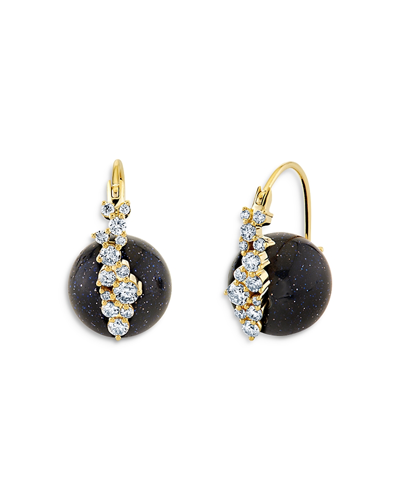 Sydney Evan 14k Yellow Gold Diamond & Blue Goldstone Vine Cluster Hoop Earrings In Gold