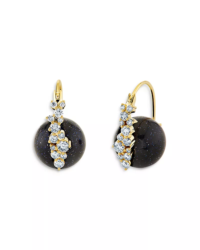 Sydney Evan 14K Yellow Gold Diamond & Blue Goldstone Vine Cluster Hoop Earrings
