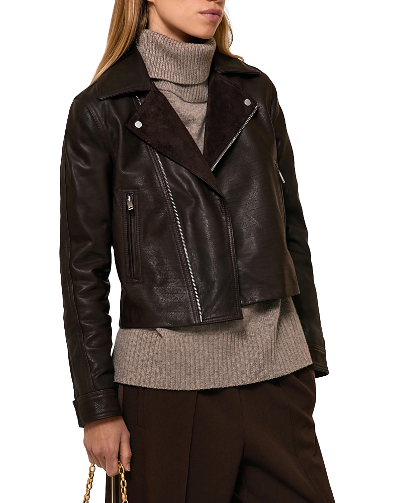 Reiss Lidia Leather Biker Jacket In Brown