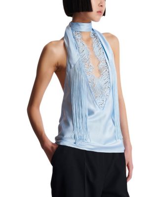  Backless Fringed Satin Top